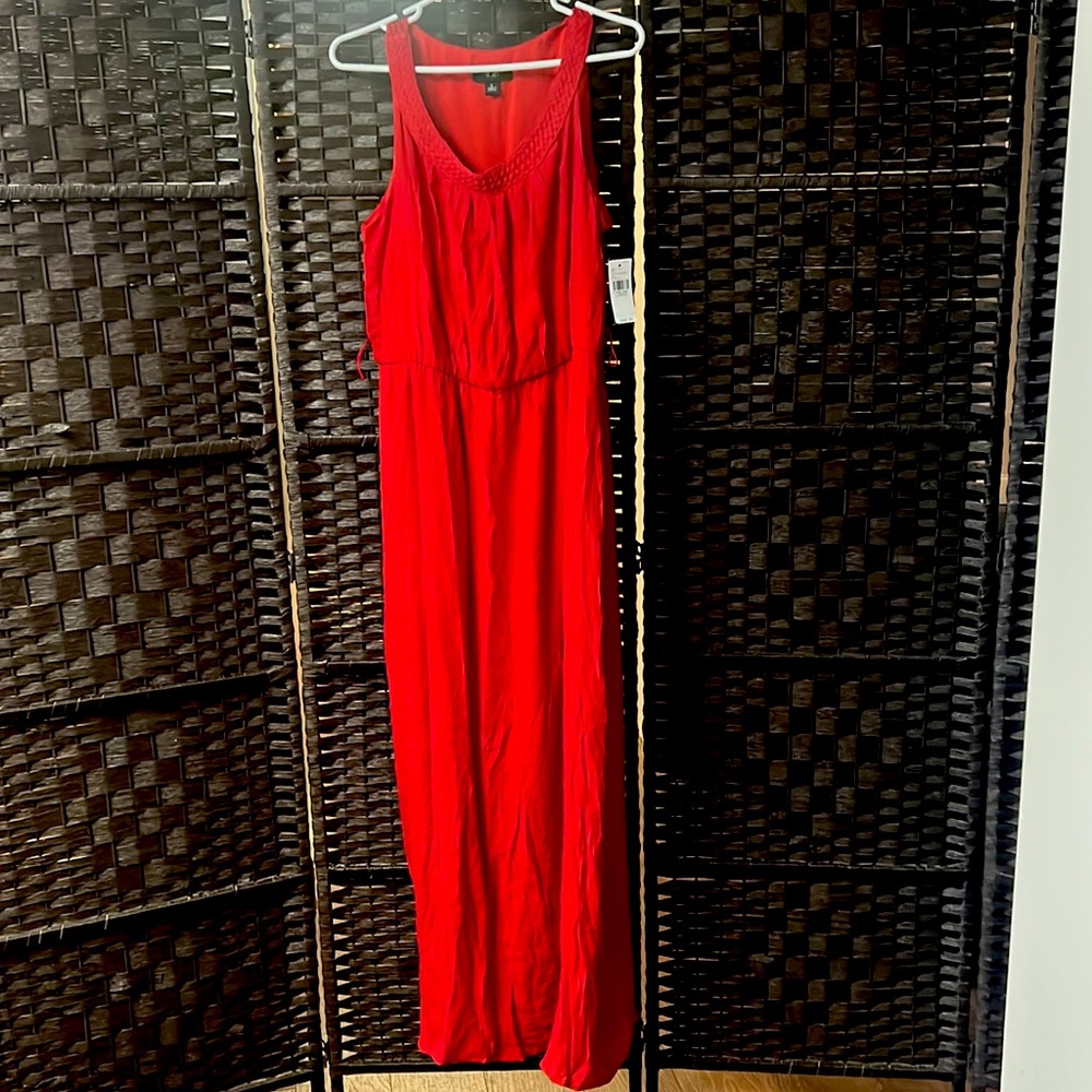 Long red AGB dress w/woven detailing at neck line